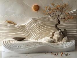 ai generiert minimalistisch Zen Garten mit geharkt Sand und einfach foto