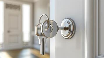 ai generiert ein öffnen Tür zu ein Neu Zuhause geschmückt mit ein Schlüssel und heimelig Schlüsselbund, symbolisieren ein frisch Anfang. ai generiert. foto