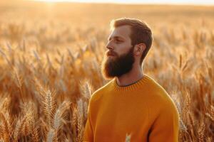 ai generiert bärtig Mann im Gelb Sweatshirt Gehen im Weizen Feld foto