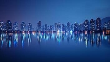 ai generiert Nacht Aussicht von das Stadtbild mit Betrachtung im das Wasser foto