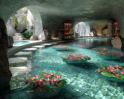 ai generiert heiter Wasserthemen Spa mit Innen- Teiche und schwebend Blume Arrangements.3d machen foto