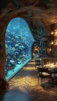 ai generiert Unterwasser-Themen Restaurant mit Aquarium Wände und Marine dekor3d machen. foto