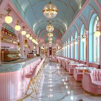 ai generiert wunderlich Eis Sahne Salon mit Pastell- Farben und Jahrgang Dekor.3d machen foto