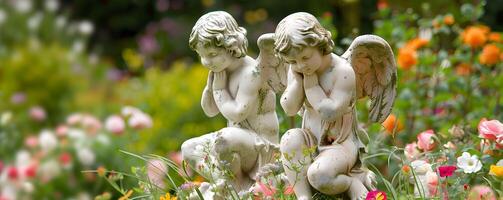 ai generiert Cherubim Statuen im ein Garten foto