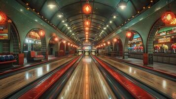 ai generiert retro Bowling Gasse mit Jahrgang Fahrspuren und ein klassisch Snack Bar foto