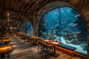 ai generiert Unterwasser-Themen Restaurant mit Aquarium Wände und Marine Dekor foto