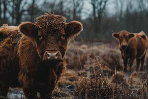 ai generiert Hochland das Vieh Weiden lassen im ländlich Ackerland mit ein Fokus auf Bauernhof Tiere und Landwirtschaft foto