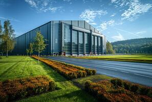 ai generiert Außen von modern Fabrik Gebäude mit Büro Gebäude und Blumenbeete foto