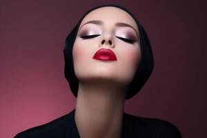 ai generiert ein unbehaart Frau im ein schwarz Hemd und ein schwarz Hut ihr Augen geschlossen nach Chemotherapie mit rot Lippen. Welt Krebs Tag. dunkel Hintergrund. Kopieren Raum. foto