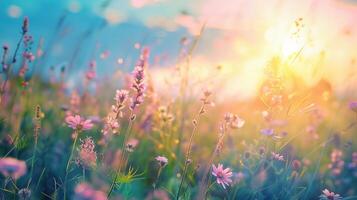 ai generiert schön Sommer- Landschaft blühen Gras auf Grün Wiese beim Sonnenaufgang mit schön Blau Himmel. foto