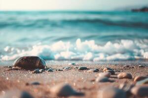 ai generiert Strand Hintergrund Hintergrund, Fokus Punkt zu Vordergrund und Mittelgrund. foto