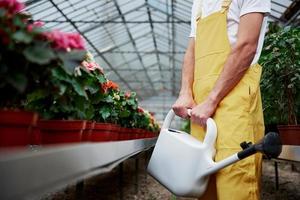 Mann, der einen Wasserkanister im Treibhaus in der Nähe der Blumen und anderer Pflanzen hält foto