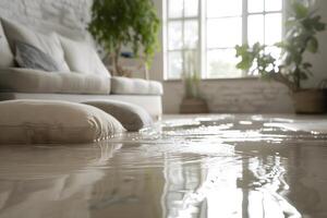 ai generiert Zuhause Fußboden überflutet, präsentieren Wasser Beschädigung und Potenzial Probleme foto