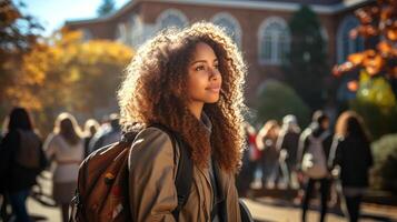 ai generiert jung afrikanisch amerikanisch Frau mit Rucksack auf ein sonnig Campus. Konzept von Hochschule Leben, Schüler Diversität, Herbst Semester, und Bildung Reise. foto