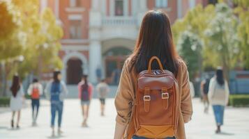 ai generiert asiatisch Immigrant Schüler im Universität Campus. jung Frau Flüchtling mit Rucksack. zurück Sicht. Konzept von Ausbildung, Neu Anfänge, Immigrant Reise, Diversität, kulturell Assimilation foto