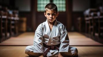 ai generiert japanisch Junge im traditionell Weiß Kimono üben Sambo, jiu Jitsu, Karate kriegerisch Kunst Technik im draussen Rahmen foto