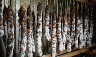 traditionell geheilt Französisch Würste im das Geschäft beim franche comte Rauch Haus foto