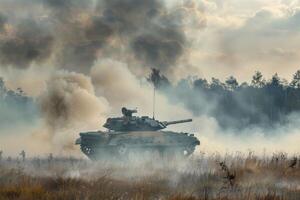 ai generiert Militär- gepanzert Fahrzeug Kreuze das Feld, Staub und Rauch um foto