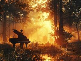 ai generiert ein Pianist und ein ai komponieren Musik- im ein magisch Wald, Melodien widerhallend unter hoch aufragend Bäume 3d machen, golden Stunde, Linse Fackel foto