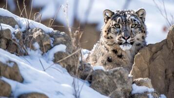 ai generiert Selten Schnee Leopard getarnt im felsig Terrain foto