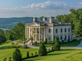 ai generiert ein majestätisch georgianischer Stil Villa thront oben auf ein Hügel mit Blick auf ein fegen Senke foto