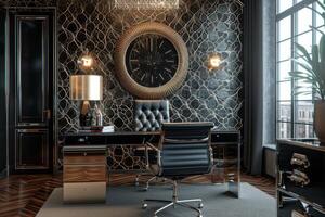 ai generiert Kunst Deko-Stil Zuhause Büro, Komplett mit ein lackiert Schreibtisch, Leder Büro Stuhl foto