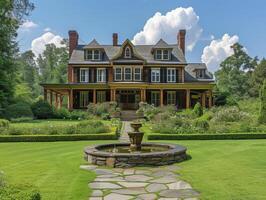 ai generiert ein Handwerker-Stil Herrenhaus Haus einstellen auf weitläufig Morgen von pastoral Landschaft foto