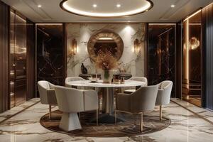 ai generiert Kunst Deko-inspiriert Essen Zimmer mit ein runden mit Marmorplatte Tabelle foto