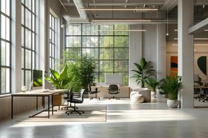 ai generiert ein minimalistisch inspiriert Büro Innere, mit minimalistisch Arbeitsplätze foto