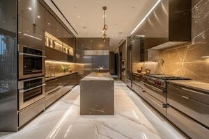 ai generiert ein Luxus Küche, charakterisiert durch glatt Marmor Spritzschutz foto