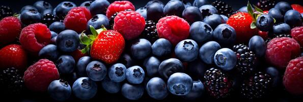 ai generiert beschwingt Sortiment von bunt gemischt Beeren Erstellen ein schön Medley Hintergrund foto