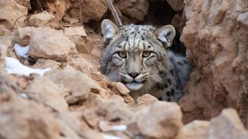 ai generiert Schnee Leopard mischen im mit Felsen und Schnee foto