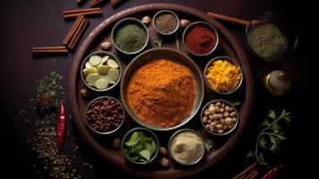 ai generiert sortiert bunt Gewürze im traditionell Masala dabbas, vereinbart worden symmetrisch foto