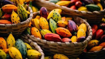 ai generiert Körbe randvoll mit bunt und reif Papayas foto