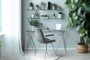 ai generiert ein minimalistisch modern Büro Raum mit ein Glasplatte Schreibtisch foto
