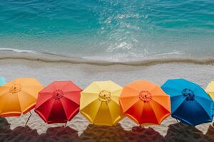 ai generiert Strand bunt Regenschirm Sommer. generieren ai foto