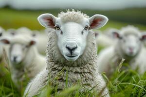 ai generiert Schaf suchen beim das Kamera im Feld foto