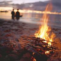 ai generiert Strand Lagerfeuer, Fisch Braten auf Stöcke, Salz- im das Luft foto