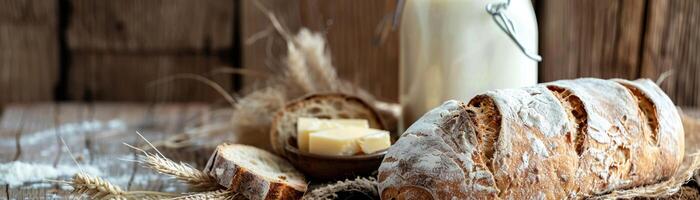 ai generiert ein rustikal Rahmen von frisch gebuttert Brot mit ein Glas von Milch und Molkerei Zutaten foto