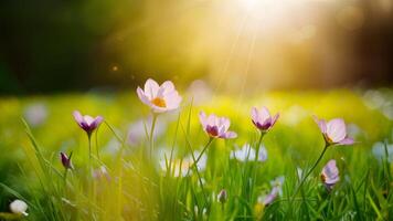 ai generiert Bokeh draussen Hintergrund mit sonnig Frühling Wiese, wild Blumen foto