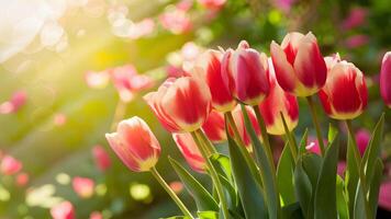 ai generiert fesselnd Bokeh verbessert hell Frühling Tulpen im Blumen- Hintergrund foto