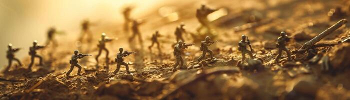 ai generiert ein Szene von Miniatur Spielzeug Soldaten positioniert im ein taktisch Formation foto