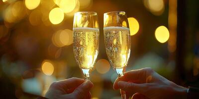 ai generiert feiern Neu Jahre Vorabend mit Champagner Toast. festlich Urlaub Prost mit funkelnd Wein Brille. foto