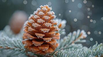 ai generiert Makro Schuss von Frost auf ein Kiefer Kegel foto