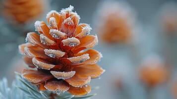 ai generiert Makro Schuss von Frost auf ein Kiefer Kegel foto