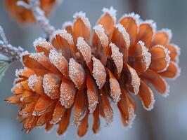 ai generiert Makro Schuss von Frost auf ein Kiefer Kegel foto