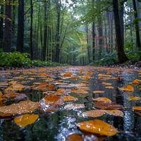 ai generiert glänzend regendurchnässt Blätter im ein Wald foto