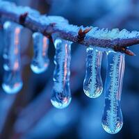 ai generiert gefroren Eiszapfen hängend von ein Ast foto