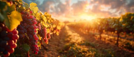 ai generiert gereift Weinberg Reihen beim Ernte foto