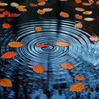 ai generiert Wellen auf ein heiter Teich Oberfläche berührt durch fallen Herbst Blätter foto